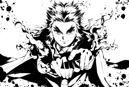 Black and white HD PC desktop wallpaper of Kyojuro Rengoku from the anime Demon Slayer: Kimetsu no Yaiba, featuring dynamic ink-splash effects.