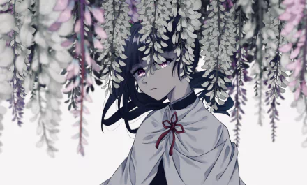 HD desktop wallpaper featuring Kanao Tsuyuri from the anime Demon Slayer: Kimetsu no Yaiba, standing beneath hanging wisteria flowers.