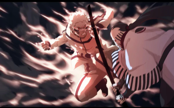 HD PC desktop wallpaper featuring intense anime battle scene with Naruto Uzumaki and Jigen from Boruto, showcasing dynamic action and vivid effects.