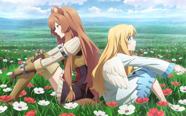 An HD wallpaper featuring Raphtalia and Filo from The Rising of the Shield Hero, sitting back-to-back in a meadow filled with flowers. Raphtalia has animal ears, brown hair, and blue eyes. Filo has long blonde hair.