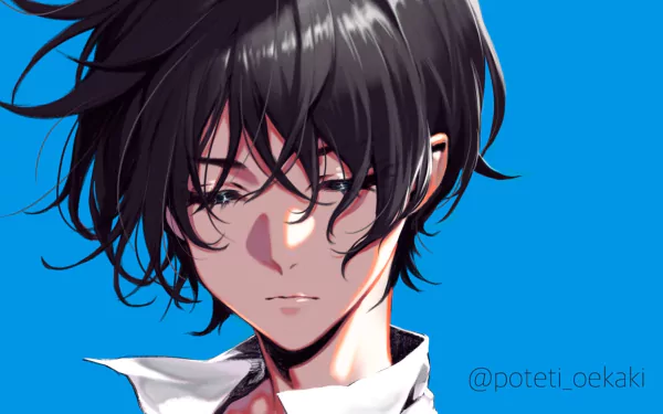 Anime-style original artwork of a black-haired character with tousled hair, set against a vibrant blue background, designed as an HD PC desktop wallpaper.