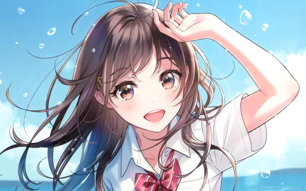Anime-style HD desktop wallpaper featuring a smiling original character with brown eyes and brown hair against a bright blue sky background.