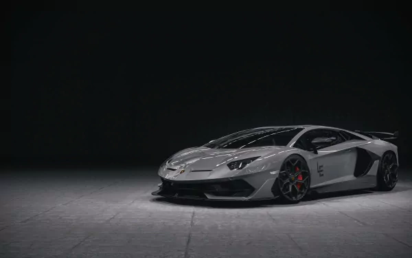 A sleek Lamborghini Aventador SVJ supercar showcased in a dark, minimalistic setting as a 4K Ultra HD PC desktop wallpaper and background.