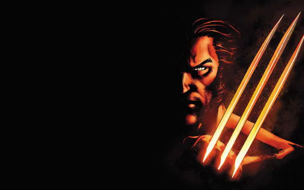 Comic Wolverine portrait with fiery glowing claws emerging from shadow on a black background — 4K Ultra HD PC desktop wallpaper and background