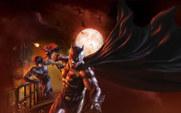 4K Ultra HD wallpaper featuring Kate Kane as Batwoman, Dick Grayson as Nightwing, and Batman from DC Comics' movie Batman: Bad Blood against a moonlit, dramatic cityscape.