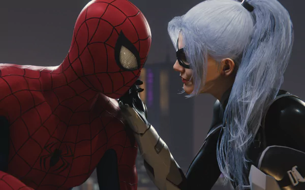 HD desktop wallpaper featuring Spider-Man and Black Cat from the Spider-Man PS4 video game in a close, intense moment.