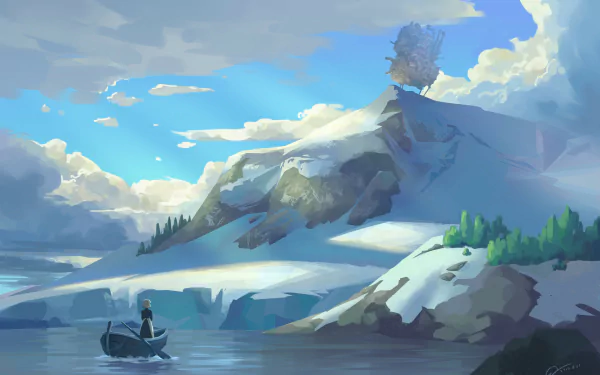 Anime HD PC desktop wallpaper, Howl's Moving Castle–inspired: lone figure in a boat on a glassy lake, snowy cliffs and a small house atop a sunlit hill.