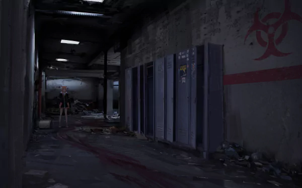 HD anime wallpaper of an eerie, dimly lit hallway with lockers, featuring a character with animal ears in the background. The wall bears a biohazard symbol, enhancing the ominous atmosphere.