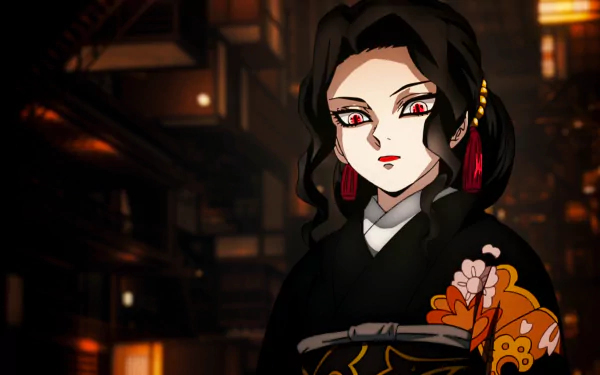 HD desktop wallpaper of Muzan Kibutsuji from the anime Demon Slayer: Kimetsu no Yaiba, featuring a detailed image of the character with a dimly-lit background.