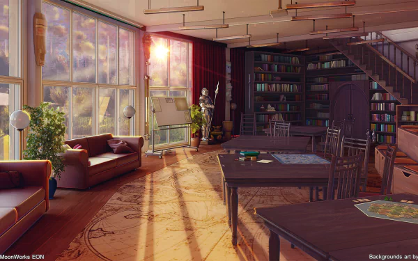 A cozy anime-themed interior with a sunset streaming through large windows, featuring a sofa, staircase, and a bookshelf, creating a warm and inviting atmosphere.