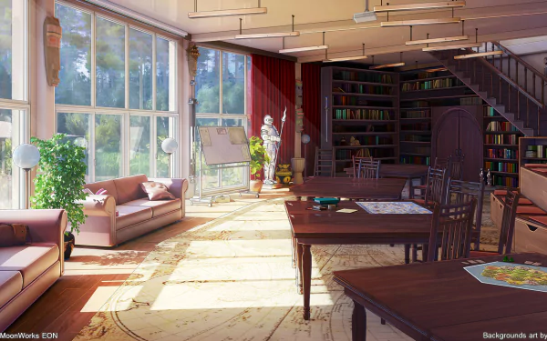 Bright anime-style room interior with large windows, cozy sofas, bookshelves, and tables, depicted in HD for a PC desktop wallpaper and background.