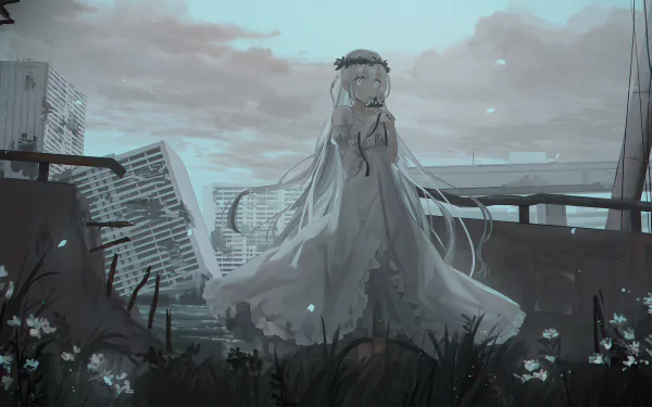 An anime girl with white hair and white eyes stands in a tattered white dress amidst a post-apocalyptic landscape. The HD desktop wallpaper features a backdrop of decayed buildings and overgrown vegetation.