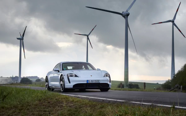 wind turbine white car car Porsche Taycan Porsche vehicle Porsche Taycan Turbo S HD Desktop Wallpaper | Background Image
