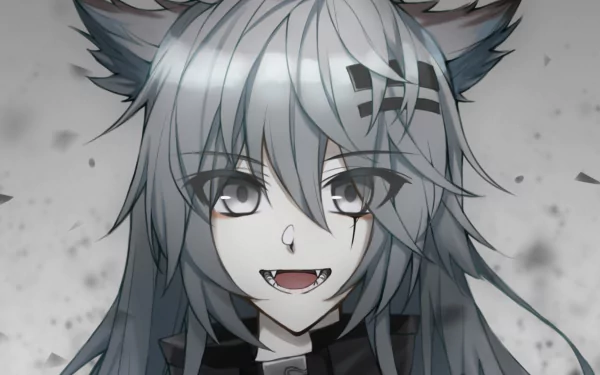 HD PC desktop wallpaper featuring Lappland from Arknights, a grey-haired cat girl from the video game, with detailed fur and expressive eyes in a monochrome style.