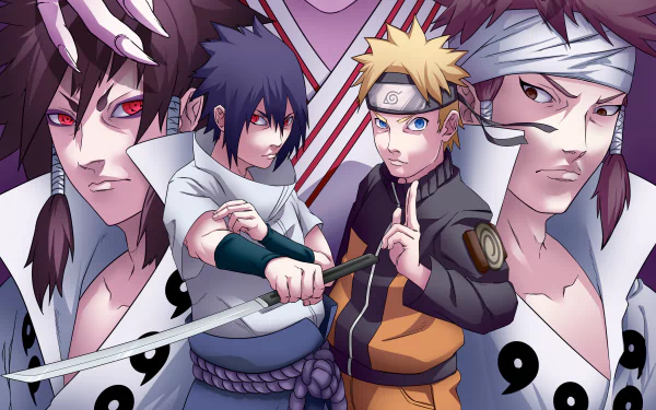 4K Ultra HD desktop wallpaper featuring Naruto Uzumaki, Sasuke Uchiha, Indra Ōtsutsuki, and Ashura Ootsutsuki from the anime Naruto, showcasing intense stances and expressions.