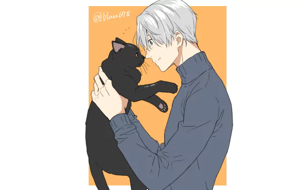 Victor Nikiforov from the anime Yuri!!! on ICE gently holds a black cat against an orange background in this HD PC desktop wallpaper.