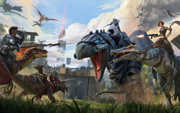Epic battle scene from Ark: Survival Evolved featuring armored dinosaurs and warriors in intense combat, rendered in stunning 4K Ultra HD for PC desktop.