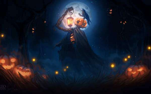 A spooky Halloween scene features a glowing jack-o'-lantern lantern held by a ghostly figure under a full moon, with a crow perched nearby in a dark, eerie night setting.