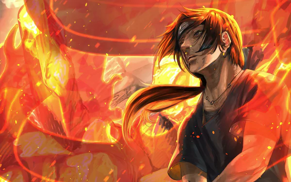 Itachi Uchiha from Naruto depicted in fiery, intense 4K Ultra HD anime art, designed as a vivid PC desktop wallpaper background.