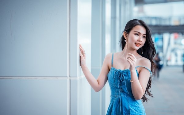 Women Asian Model Blue Dress Depth Of Field Lipstick Black Hair HD Wallpaper | Background Image