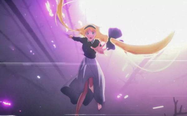 HD desktop wallpaper featuring Alice Zuberg from the anime Sword Art Online: Alicization - War of Underworld, showcasing dynamic action with vibrant purple and white lighting.