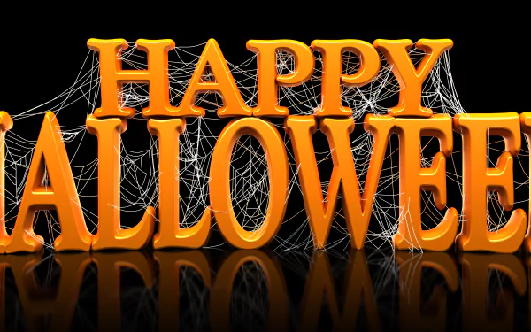 Happy Halloween text in bold orange letters with spider webs, set against a black background, creating a festive and spooky 4K Ultra HD holiday wallpaper.