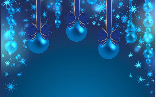 Blue Christmas ornaments and sparkling lights hang against a deep blue background, creating a festive holiday scene in 4K Ultra HD.