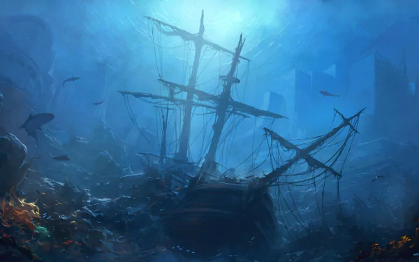 HD wallpaper featuring a sunken shipwreck in a fantasy underwater scene, surrounded by sharks.