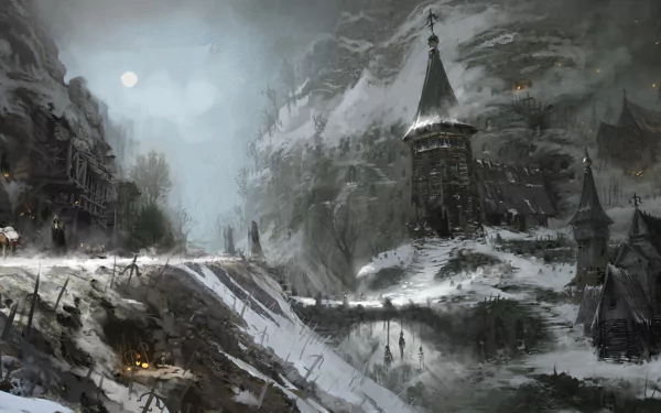 HD desktop wallpaper of a snowy village from the video game Diablo IV, featuring dark, gothic structures and a misty atmosphere.