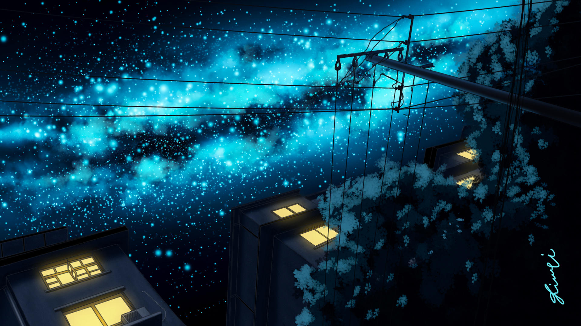 Anime street, road, buildings, scenery, night, stars, Anime, HD wallpaper