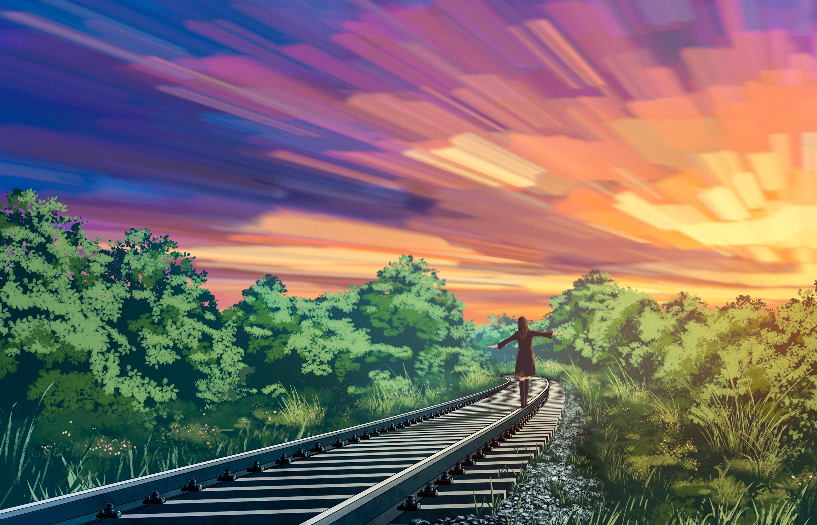 Anime girl walking on a railroad track by liwei191