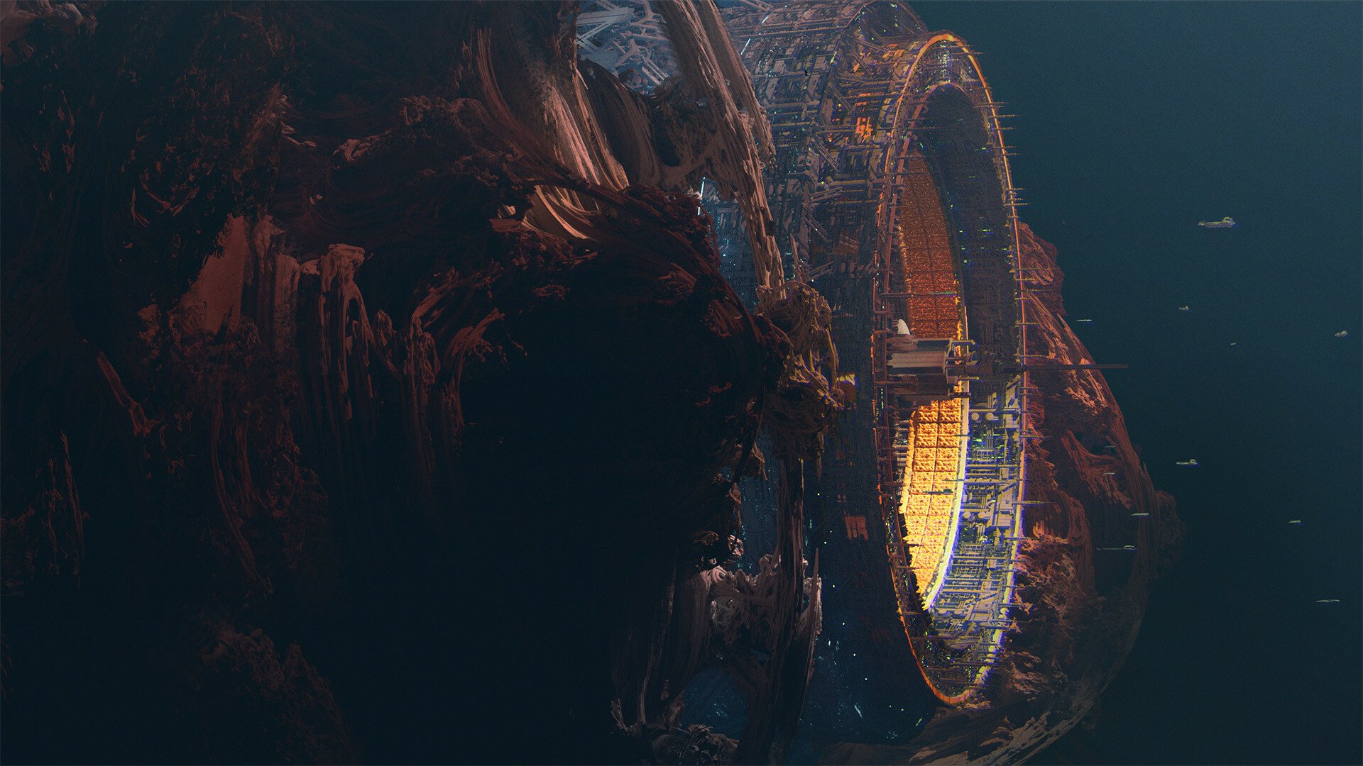 HD PC desktop wallpaper: sci‑fi scene of a glowing ring-shaped space station built into a rocky asteroid, casting warm light into the surrounding dark space.