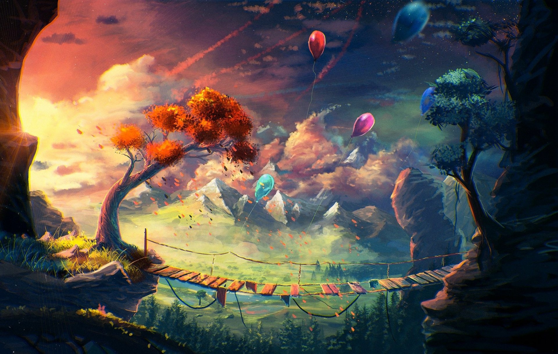 A vibrant fantasy landscape featuring colorful balloons, lush trees, and a rustic bridge. The image is a high-definition desktop wallpaper and background, showcasing a whimsical, dream-like scene.