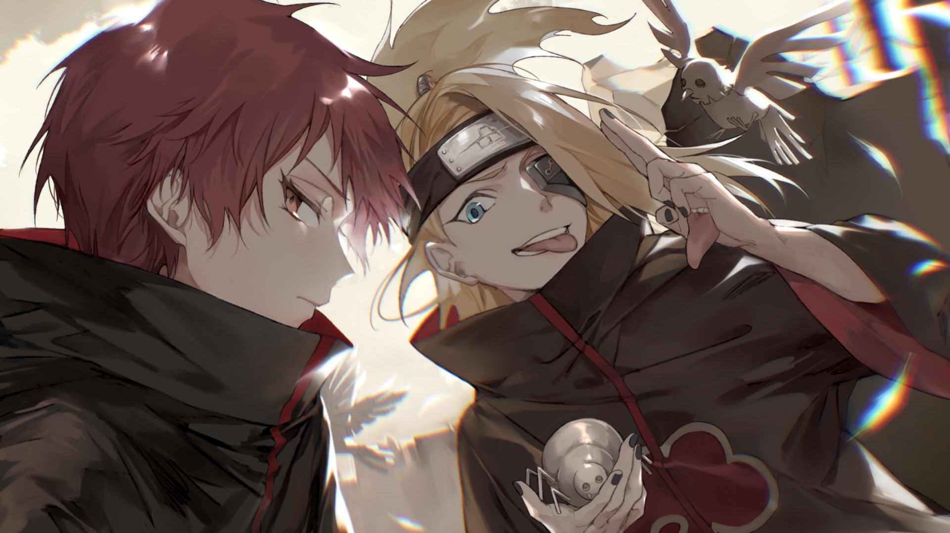 HD anime desktop wallpaper featuring Naruto characters Deidara and Sasori from the Naruto series, showcasing dynamic poses and detailed artwork.