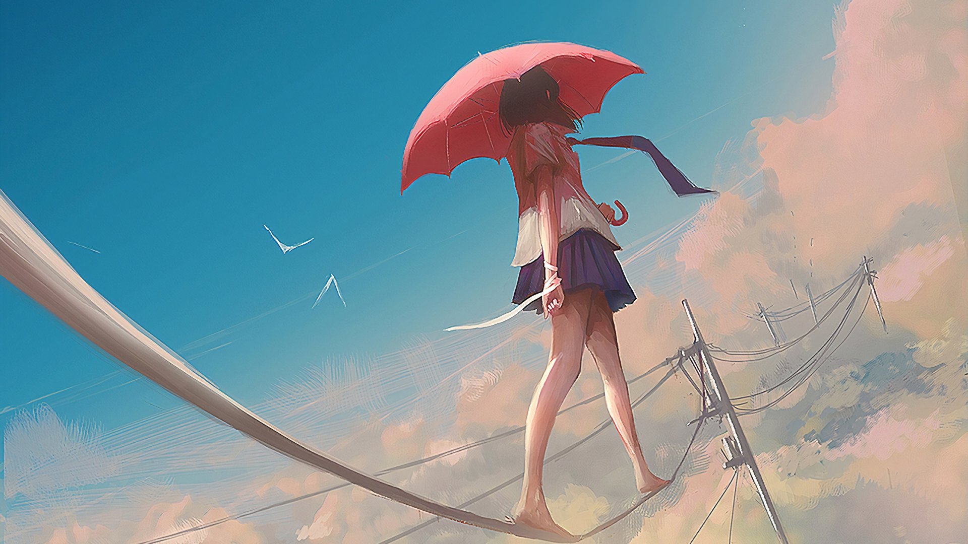 Anime-style illustration of a girl with a pink umbrella walking on a tightrope, with a cloudy sky in the background. This image serves as a vibrant HD desktop wallpaper.