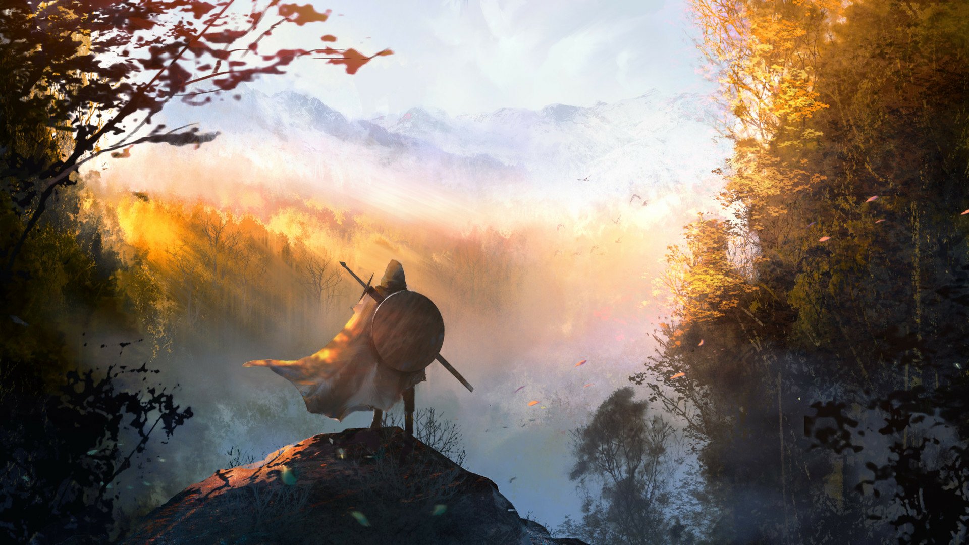 Fantasy warrior with sword and shield stands on a rocky overlook above a misty forest valley at sunrise — HD PC desktop wallpaper background.