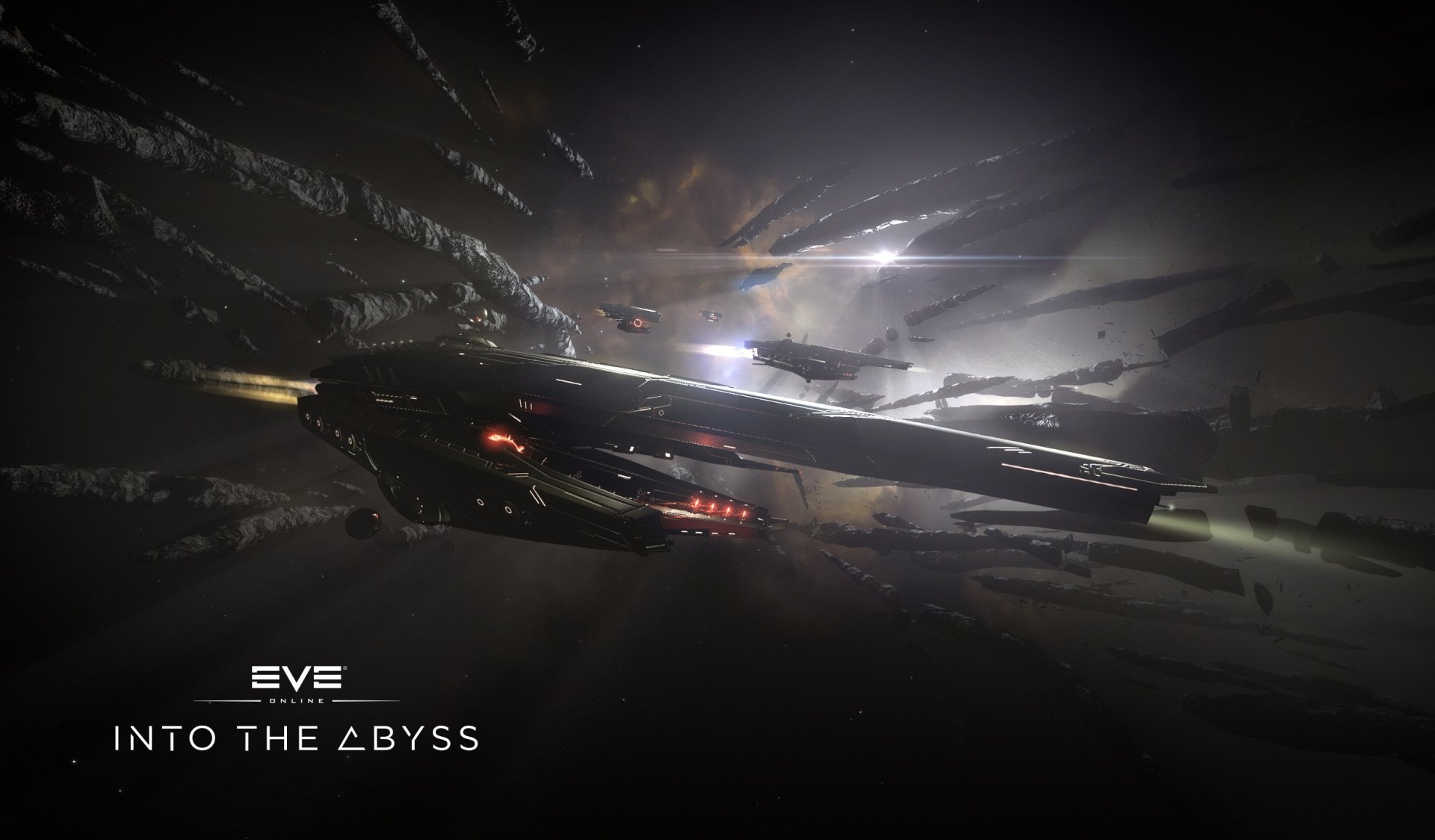 HD PC desktop wallpaper from EVE Online: a colossal spaceship leads a fleet through shadowed space toward a distant burst of light, captioned Into the Abyss.