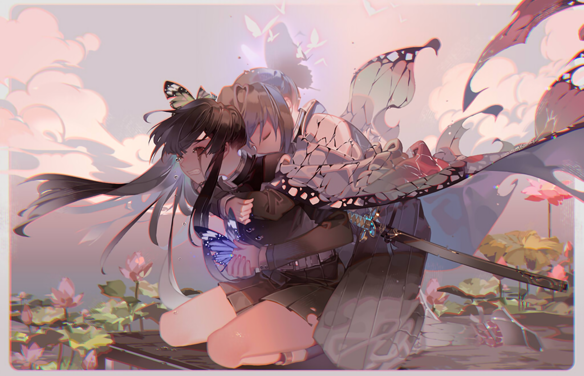 HD wallpaper of Shinobu Kochou and Kanao Tsuyuri from Demon Slayer: Kimetsu no Yaiba, depicted in a tender embrace amidst blossoming flowers.