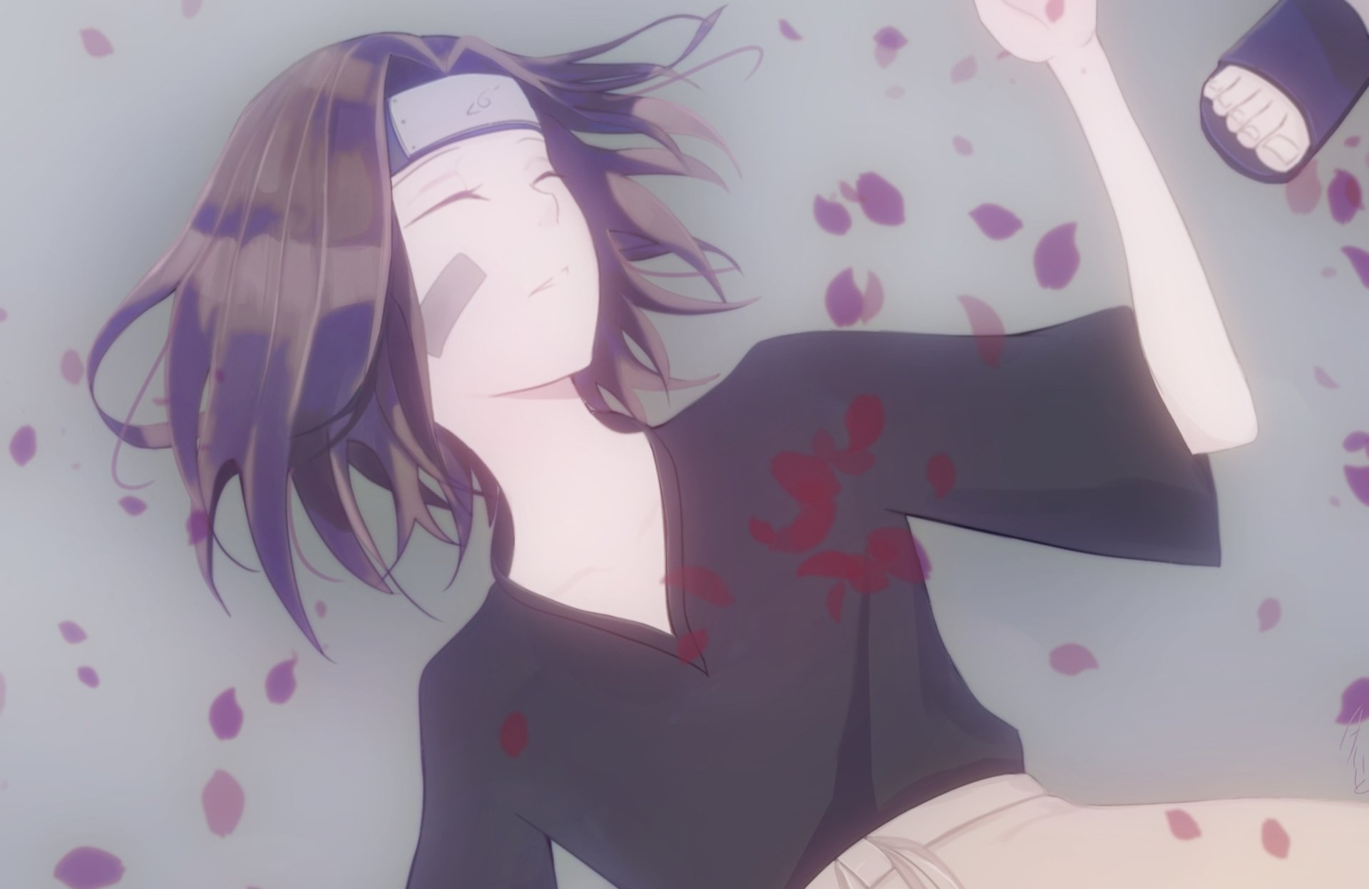 HD PC desktop wallpaper background of Rin Nohara (Naruto): the anime character lying motionless among falling sakura petals, dark stains of blood across her clothing and chest.