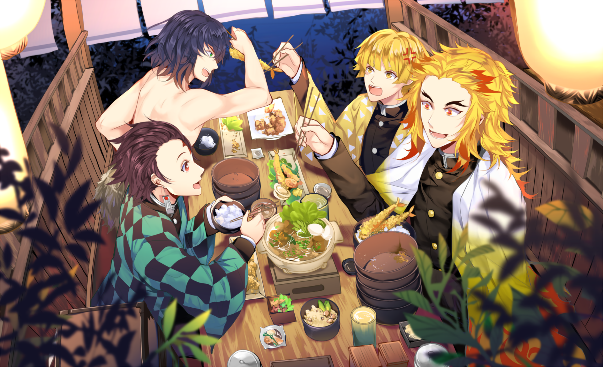 HD PC desktop wallpaper of Kyojuro Rengoku, Tanjiro Kamado, Zenitsu Agatsuma, and Inosuke Hashibira from the anime Demon Slayer: Kimetsu no Yaiba sharing a meal.