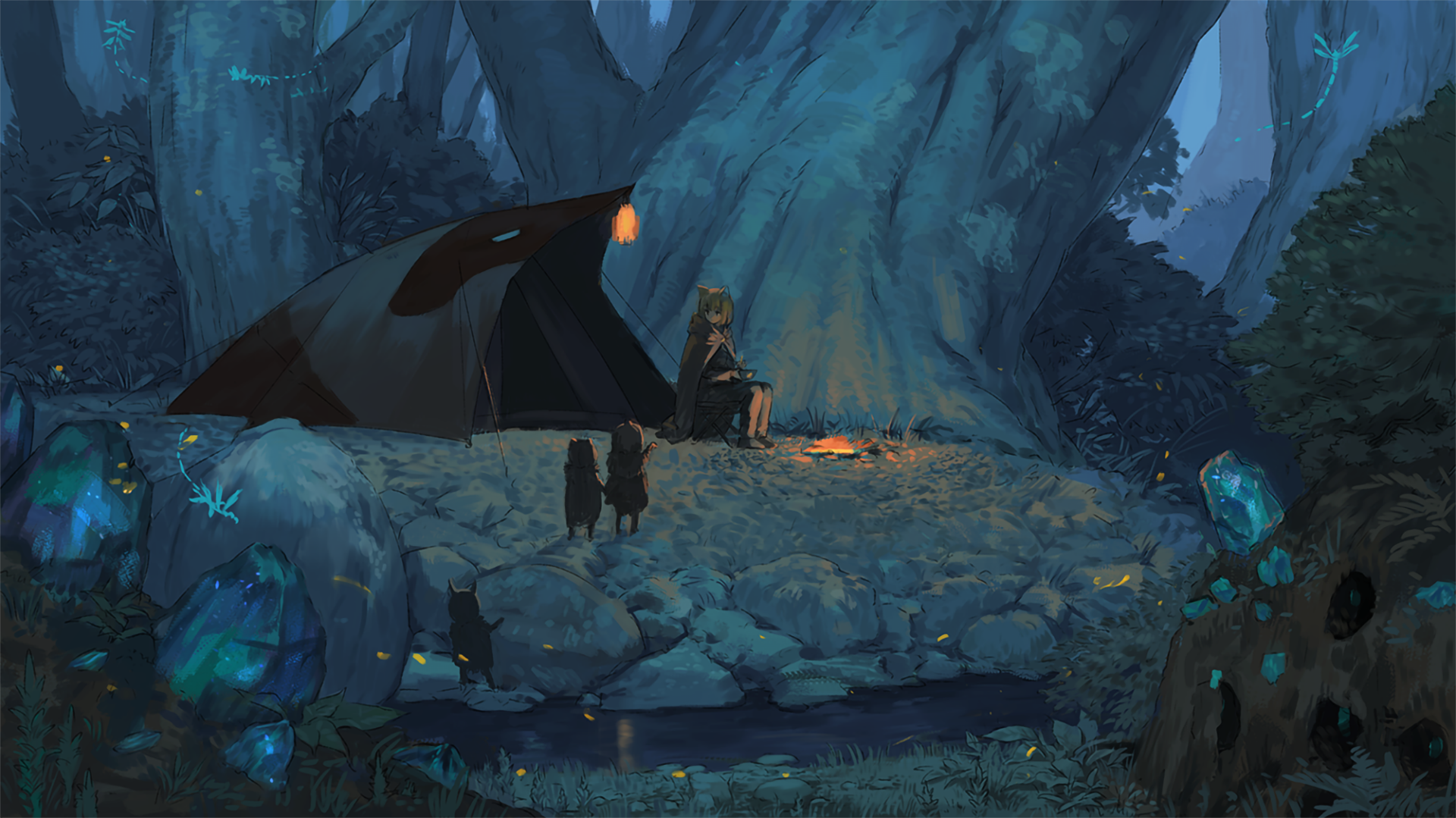 Anime-style HD desktop wallpaper depicting a peaceful night camp scene in a glowing forest with a tent, lantern, and characters gathered around a campfire.