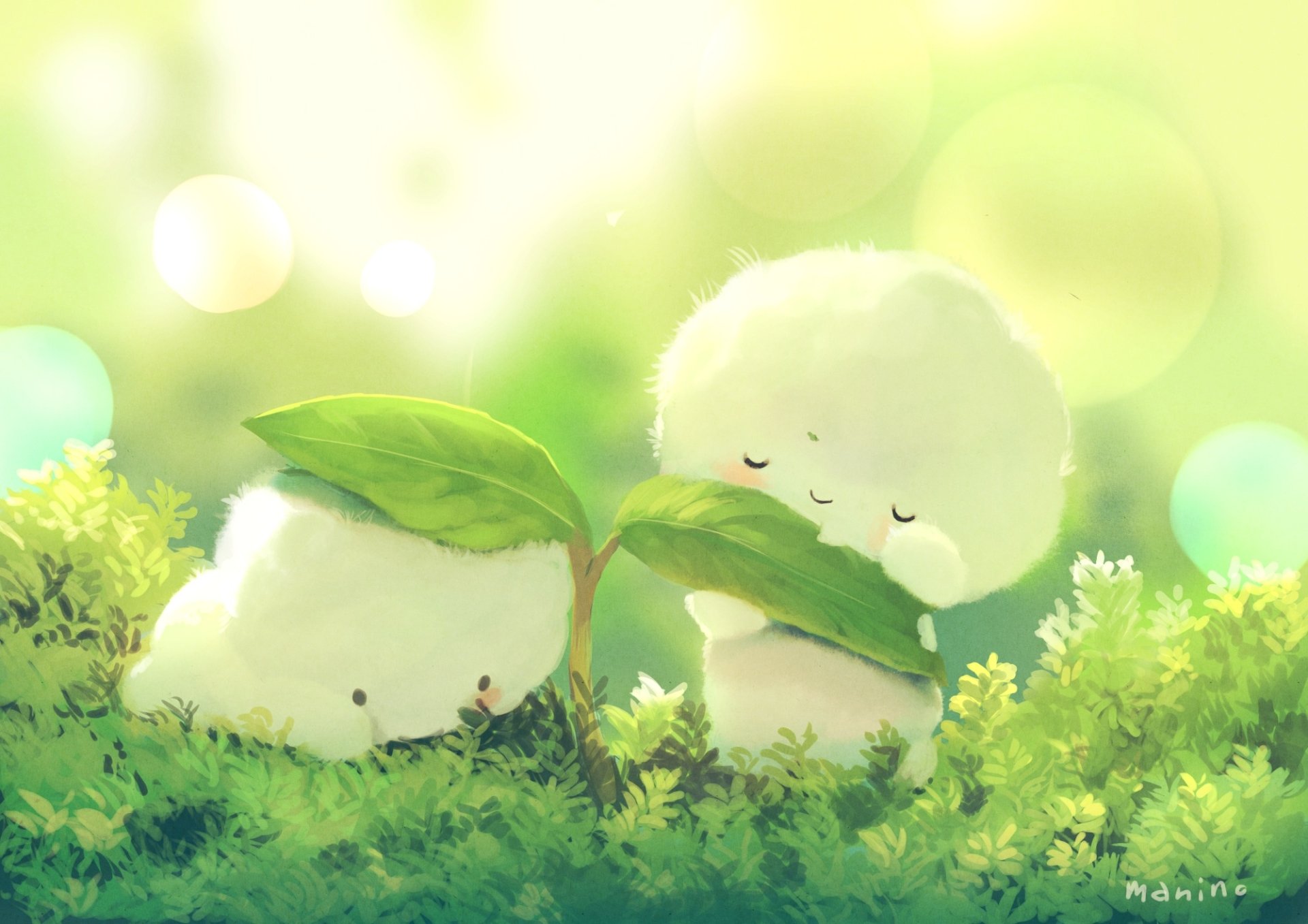 HD desktop wallpaper featuring two cute, fluffy fantasy creatures with leaf accents, set in a bright, sunlit meadow.