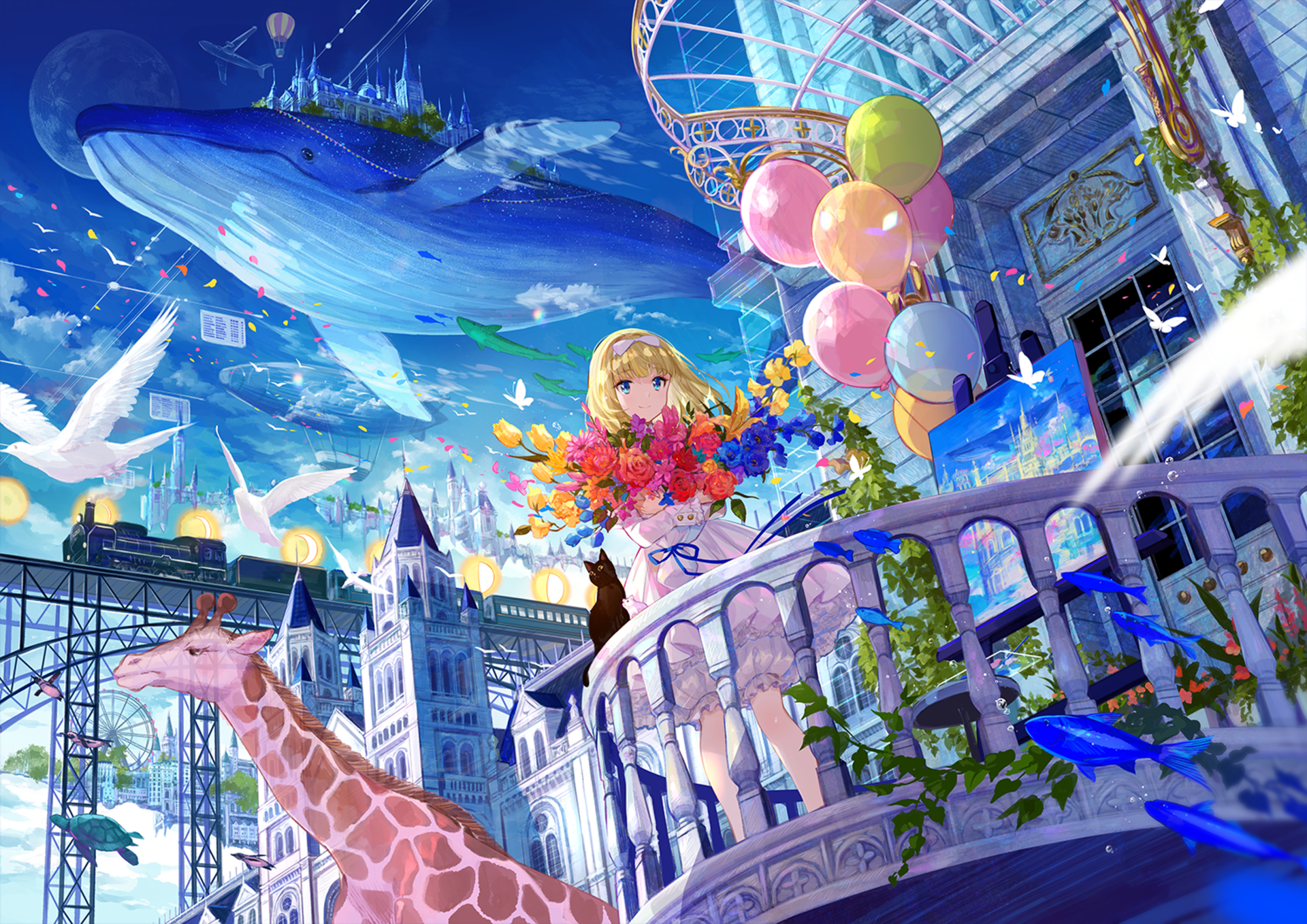 A vibrant HD anime desktop wallpaper depicting a whimsical scene with a girl holding balloons and flowers, a giraffe, white birds, and a floating whale in a fantastical setting.