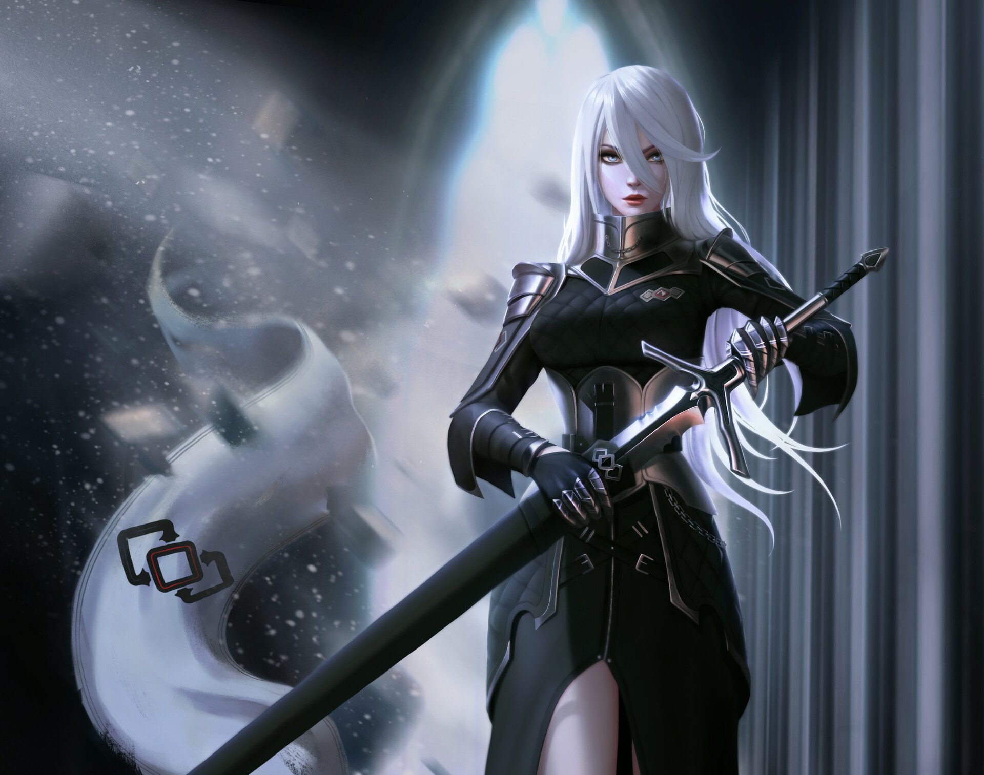 A white-haired woman warrior with long hair grips a sword, standing confidently in a dark, fantasy-themed HD desktop wallpaper background.