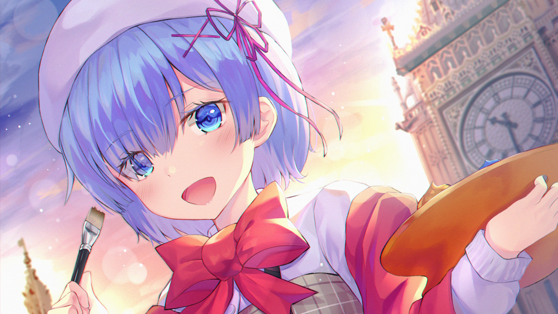 HD desktop wallpaper of Rem from Re:Zero - Starting Life in Another World, depicting her in a vibrant, colorful setting with a clock tower in the background.