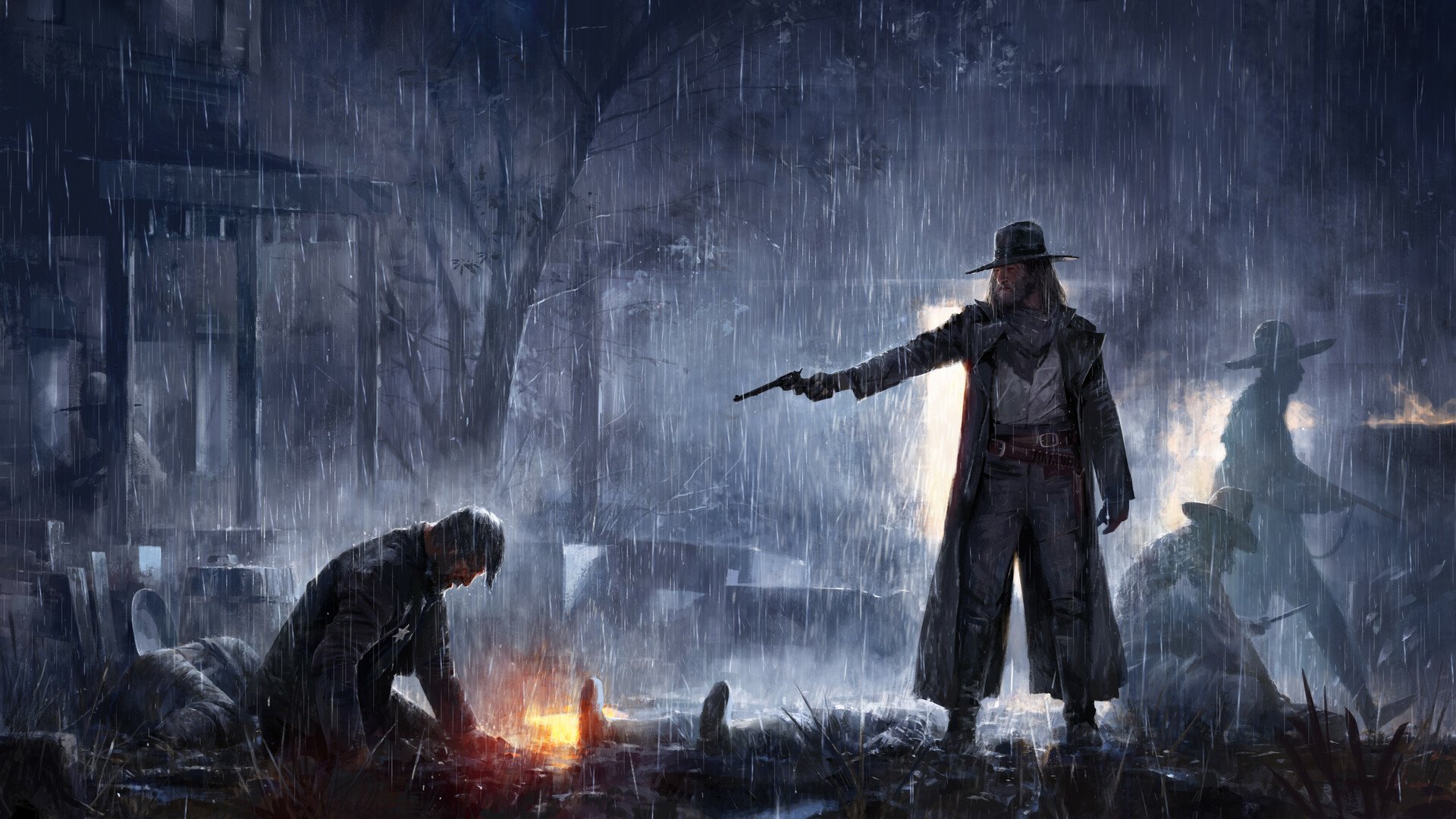 HD PC wallpaper: rain-soaked western fantasy scene — cloaked warrior gunslinger points pistol at a kneeling foe by a small fire, riders' silhouettes looming in the storm.