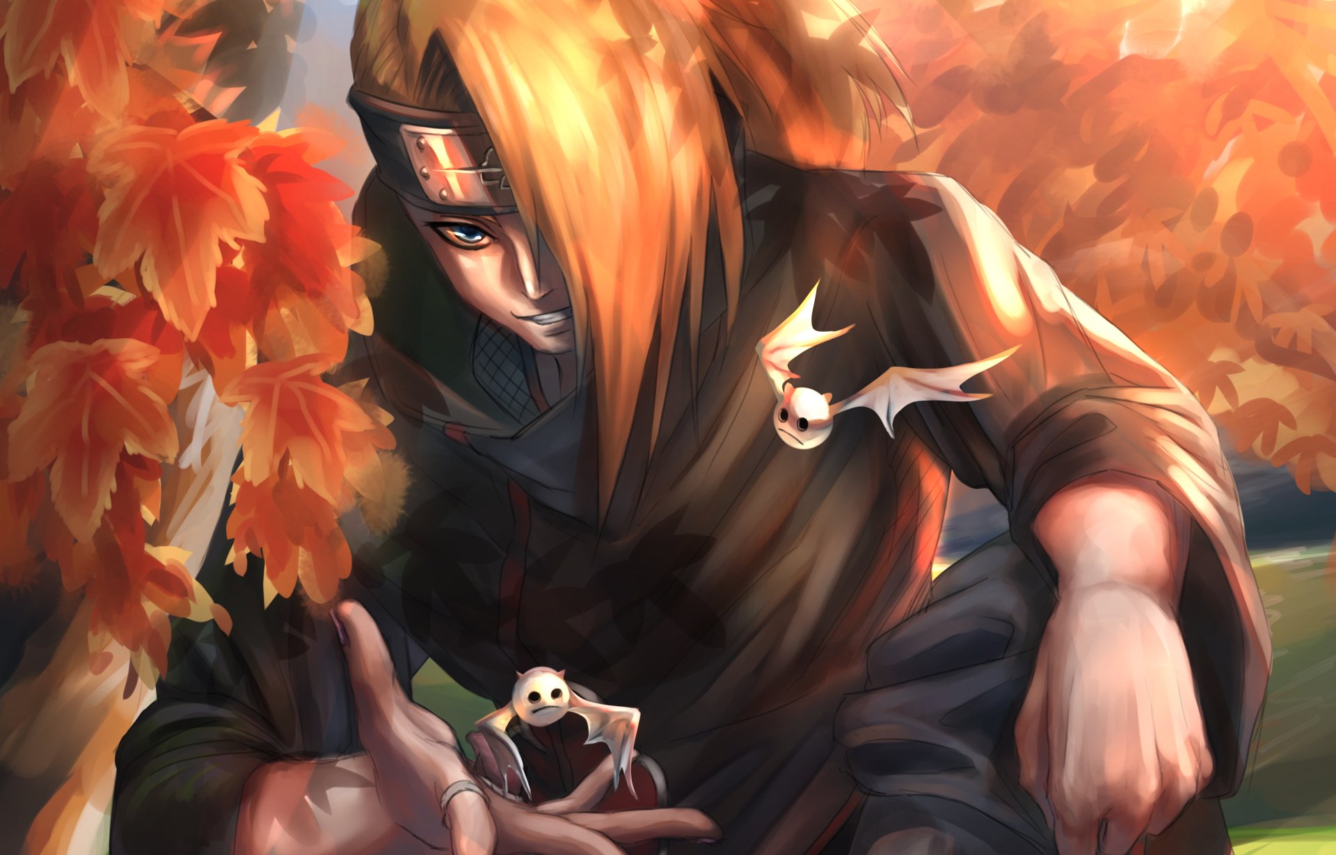 HD anime wallpaper featuring Deidara from Naruto, surrounded by autumn leaves, with a focused expression and his clay birds in hand.