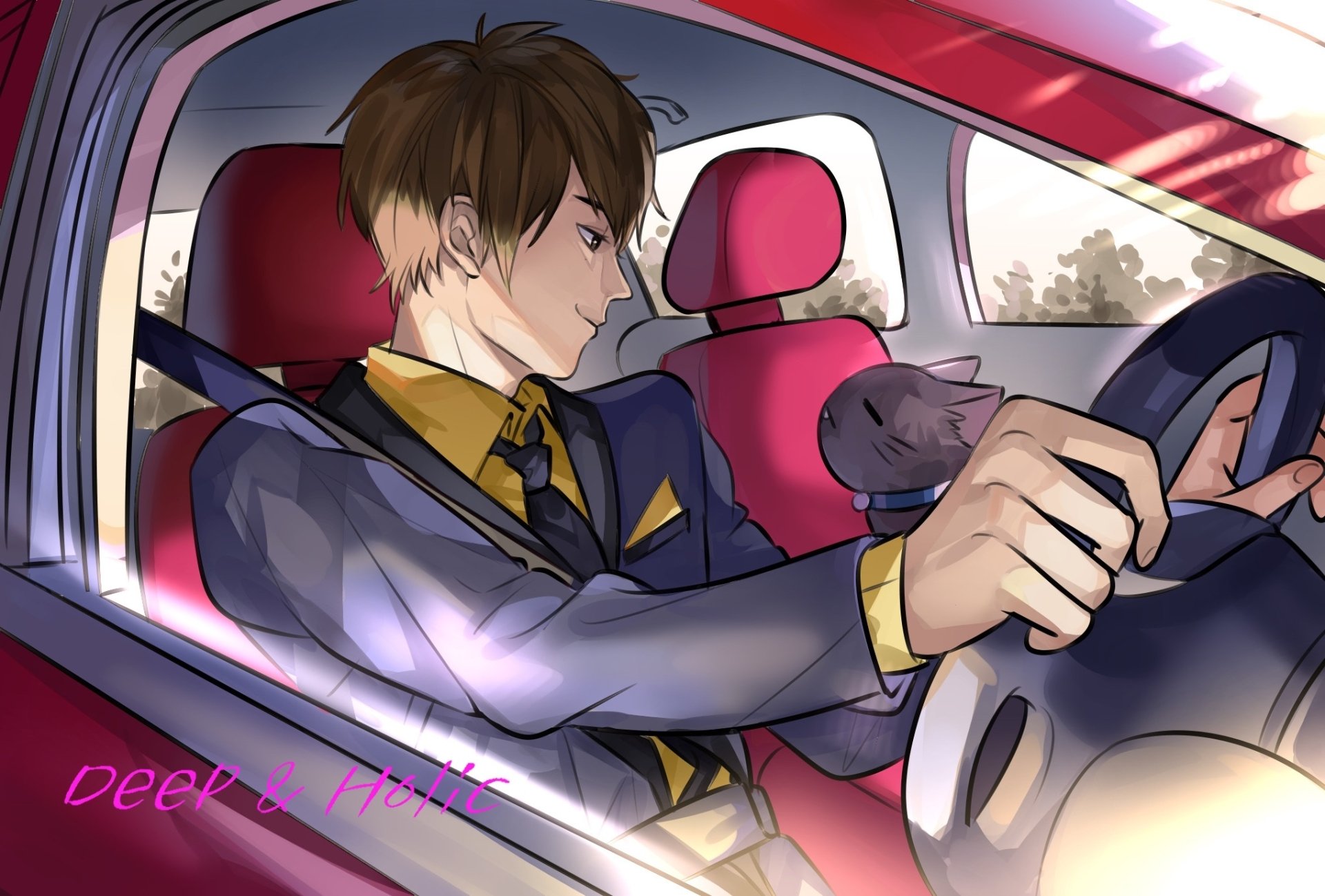 Original anime-style HD PC desktop wallpaper/background: a young man in a suit driving a red car with a relaxed gray anime cat on the passenger seat, sunlight through the window.