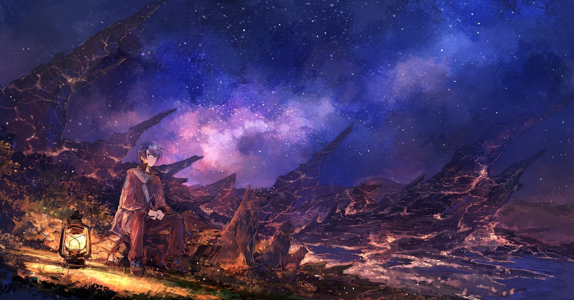 Download Night Starry Sky Anime Original HD Wallpaper by Axle