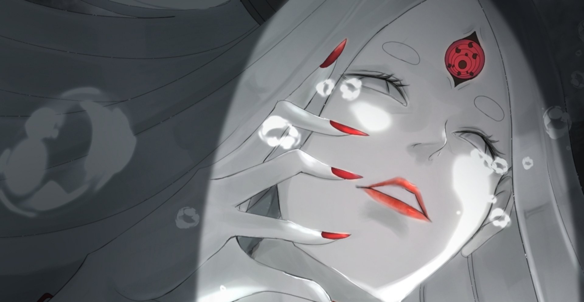 HD PC desktop wallpaper featuring Kaguya Ōtsutsuki from Naruto, highlighted with glowing eyes and intricate red markings on her forehead and nails.